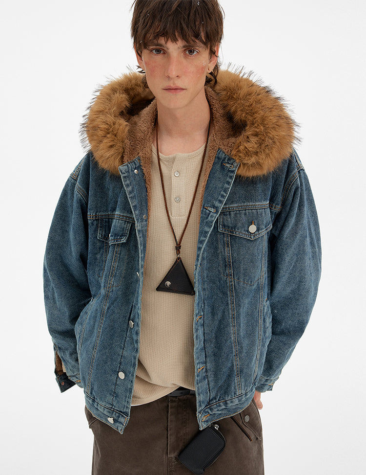 MADWITCH VINTAGE FUR COLLAR DENIM JACKET #RW169