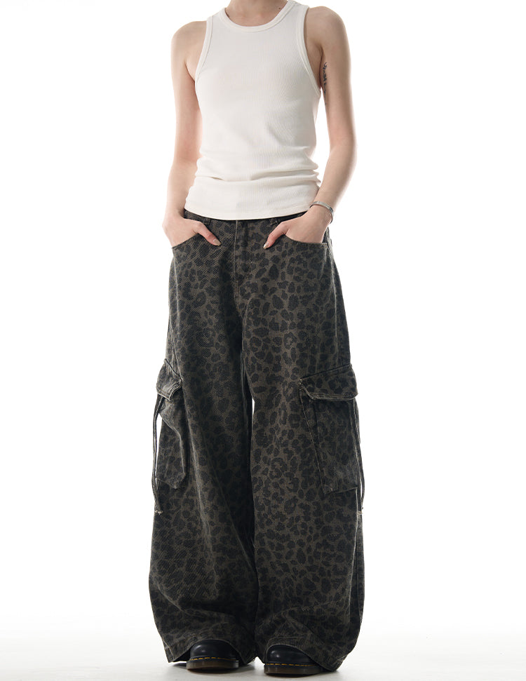 MADWITCH LEOPARD PRINT WIDE-LEG CARGO PANTS #RK179