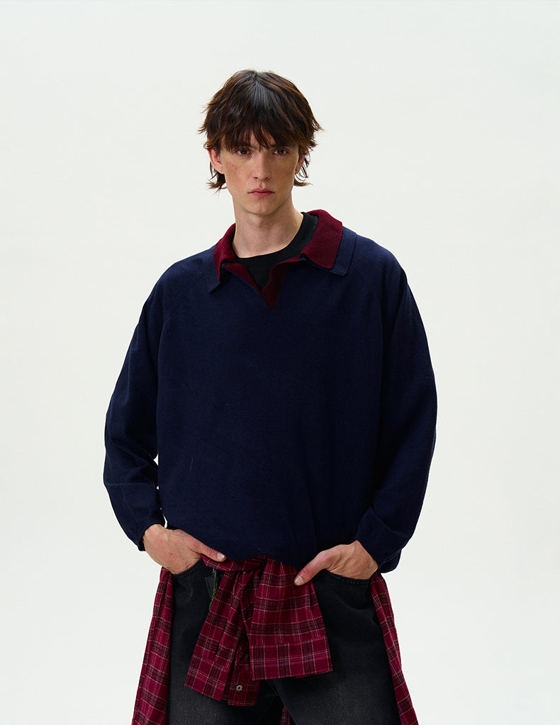 MADWITCH DOUBLE-LAYER CONTRAST KNIT SWEATER #L535