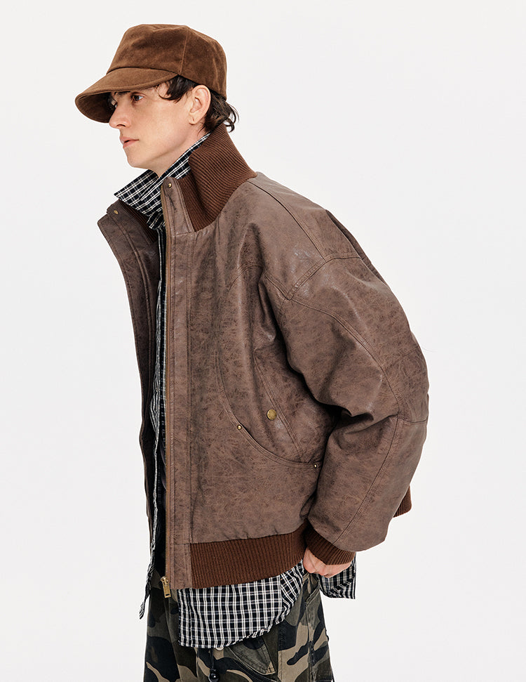 MADWITCH DISTRESSED PU STAND COLLAR JACKET #991101