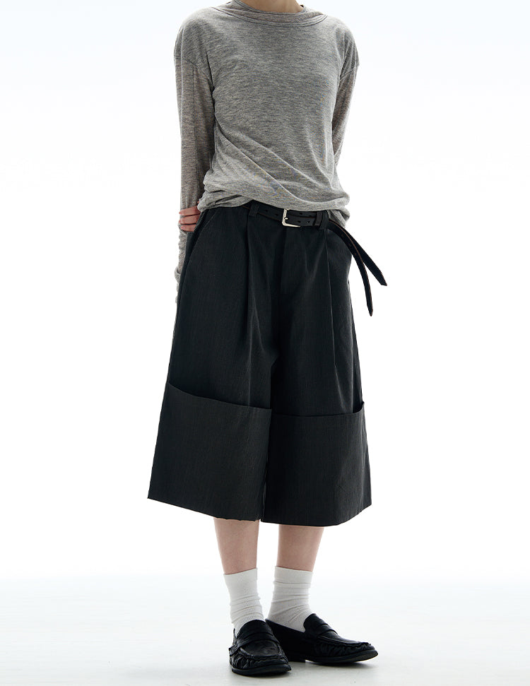 MADWITCH ROLLED HEM WIDE LEG CROP PANTS #C009
