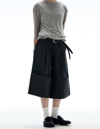 MADWITCH ROLLED HEM WIDE LEG CROP PANTS #C009