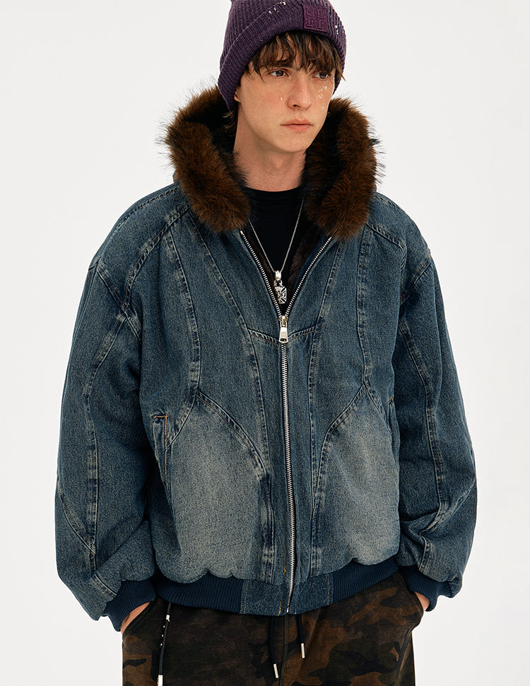 MADWITCH WASHED DENIM FUR COLLAR JACKET #Z2628