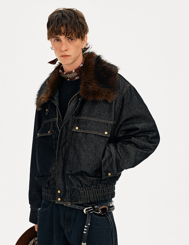 MADWITCH DETACHABLE FUR COLLAR DENIM JACKET #2631