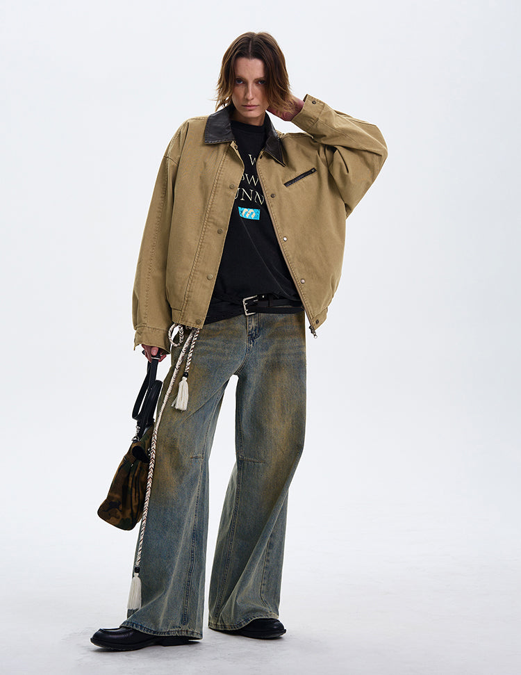 MADWITCH COLOR-BLOCK LEATHER COLLAR JACKET #W219