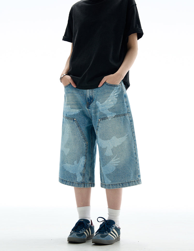 MADWITCH VINTAGE PRINTED CROPPED DENIM PANTS #L533