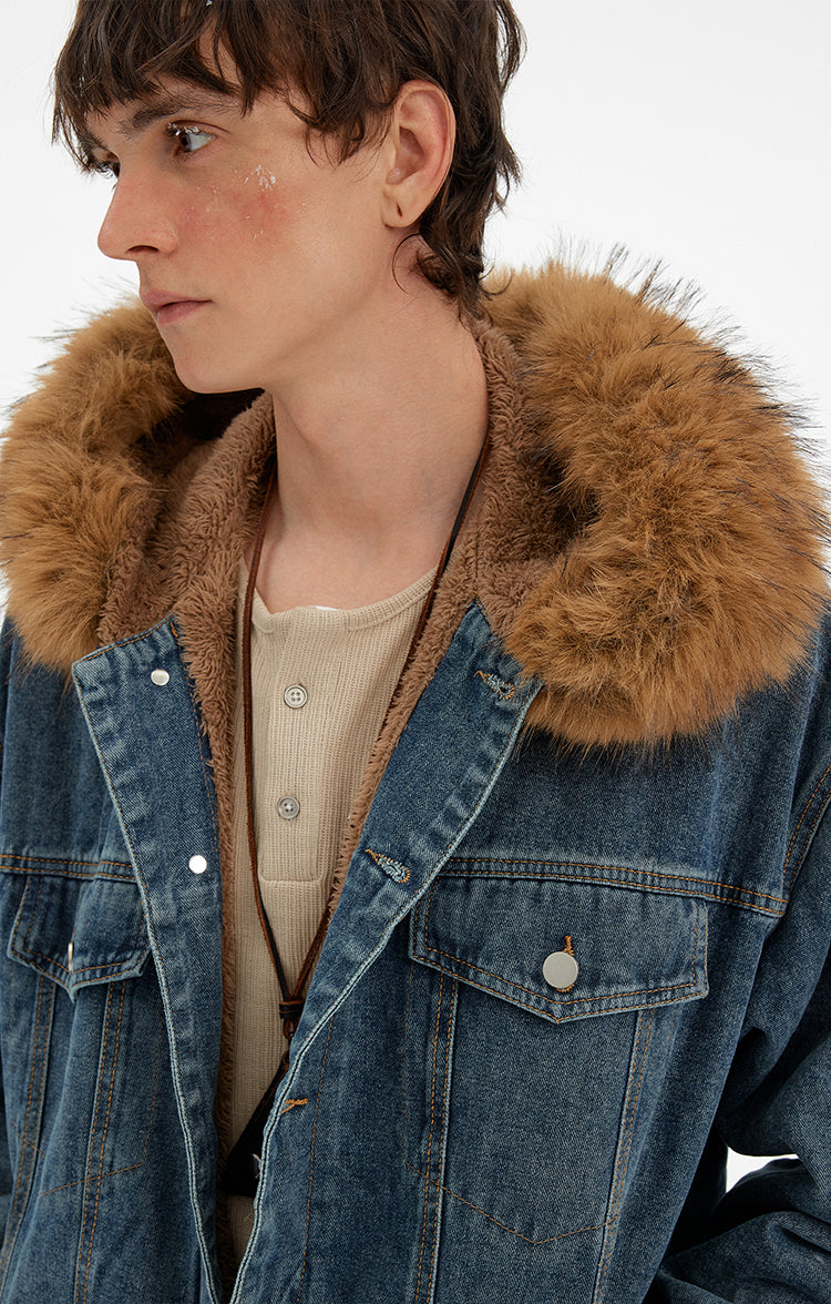 MADWITCH VINTAGE FUR COLLAR DENIM JACKET #RW169