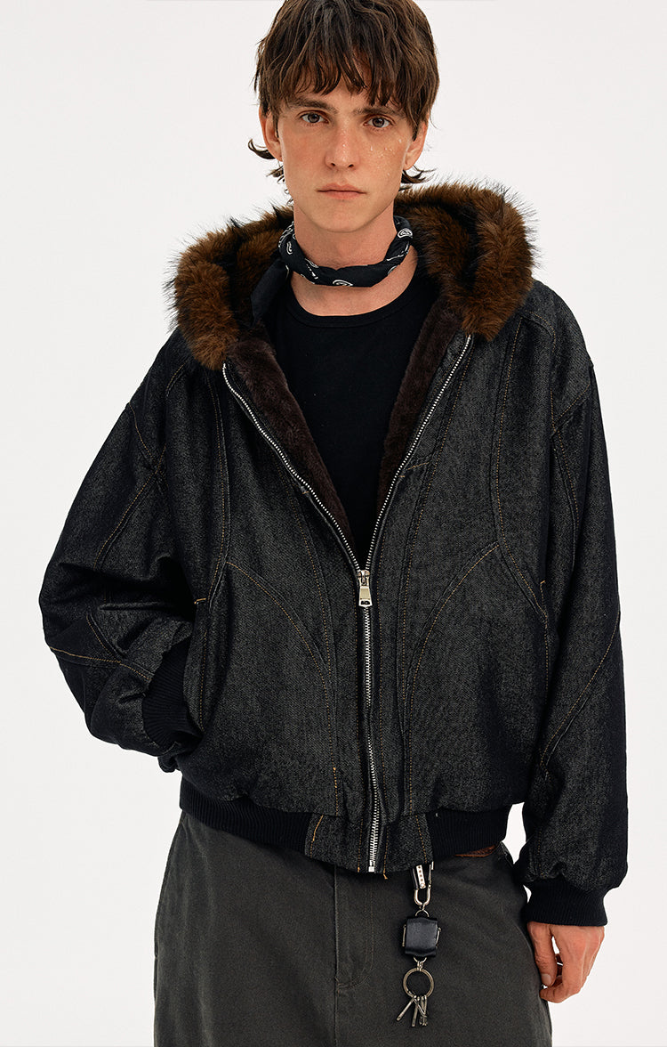 MADWITCH WASHED DENIM FUR COLLAR JACKET #Z2628