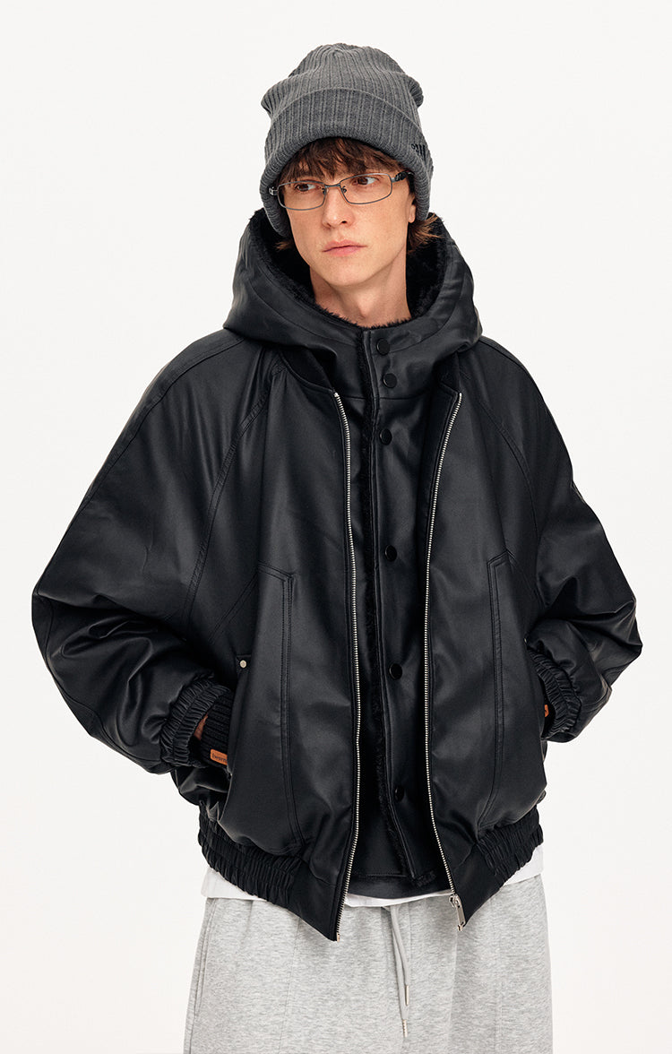 MADWITCH FAUX LAYER PU HOODED JACKET #880603