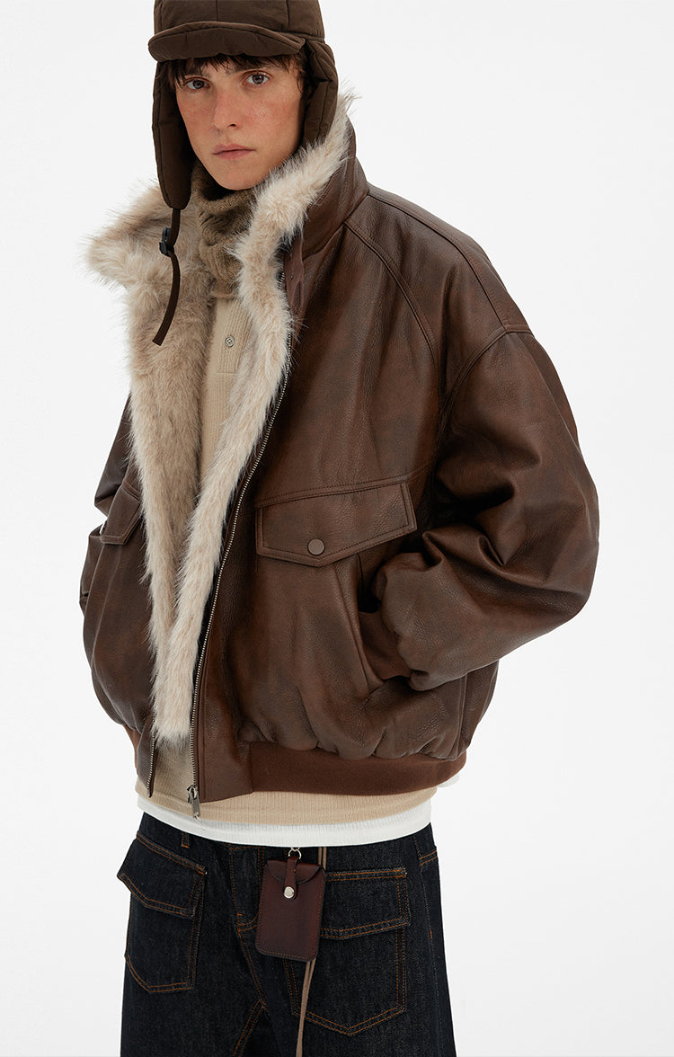 MADWITCH VINTAGE FUR COLLAR PU LEATHER JACKET #990962