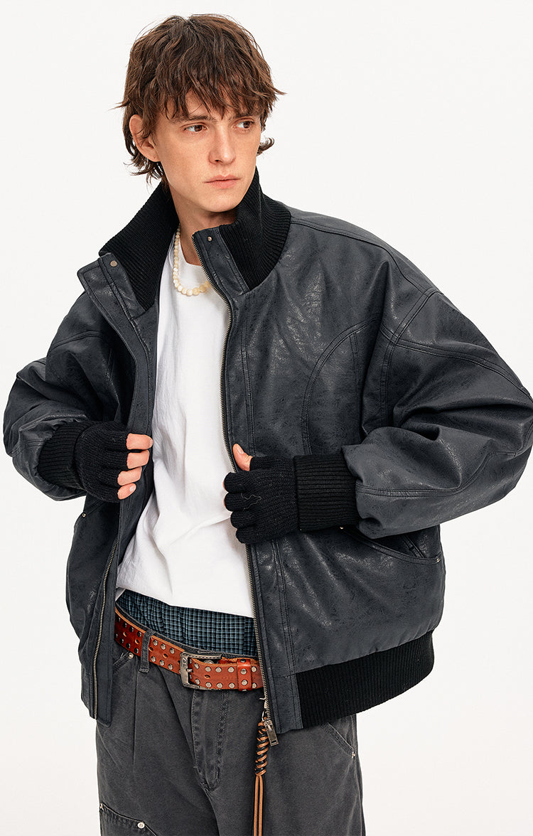 MADWITCH DISTRESSED PU STAND COLLAR JACKET #991101