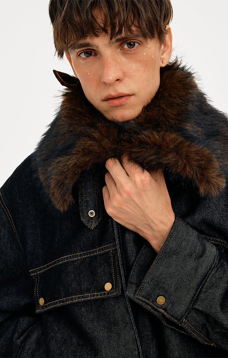 MADWITCH DETACHABLE FUR COLLAR DENIM JACKET #2631