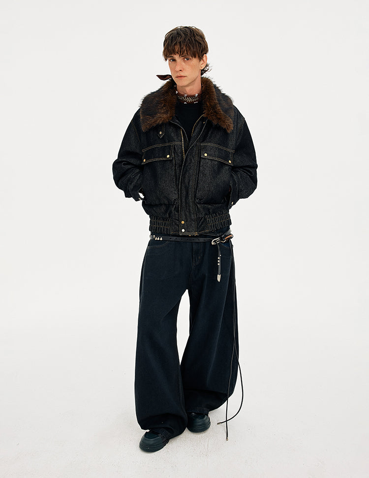 MADWITCH DETACHABLE FUR COLLAR DENIM JACKET #2631