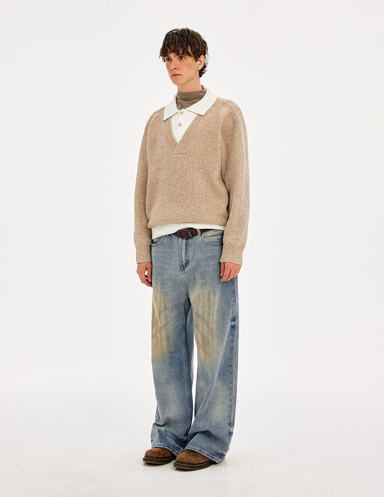 MADWITCH COLORBLOCK FAUX LAYER WOOL SWEATER #STYY8888