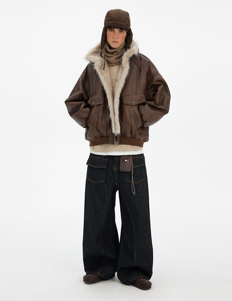 MADWITCH VINTAGE FUR COLLAR PU LEATHER JACKET #990962
