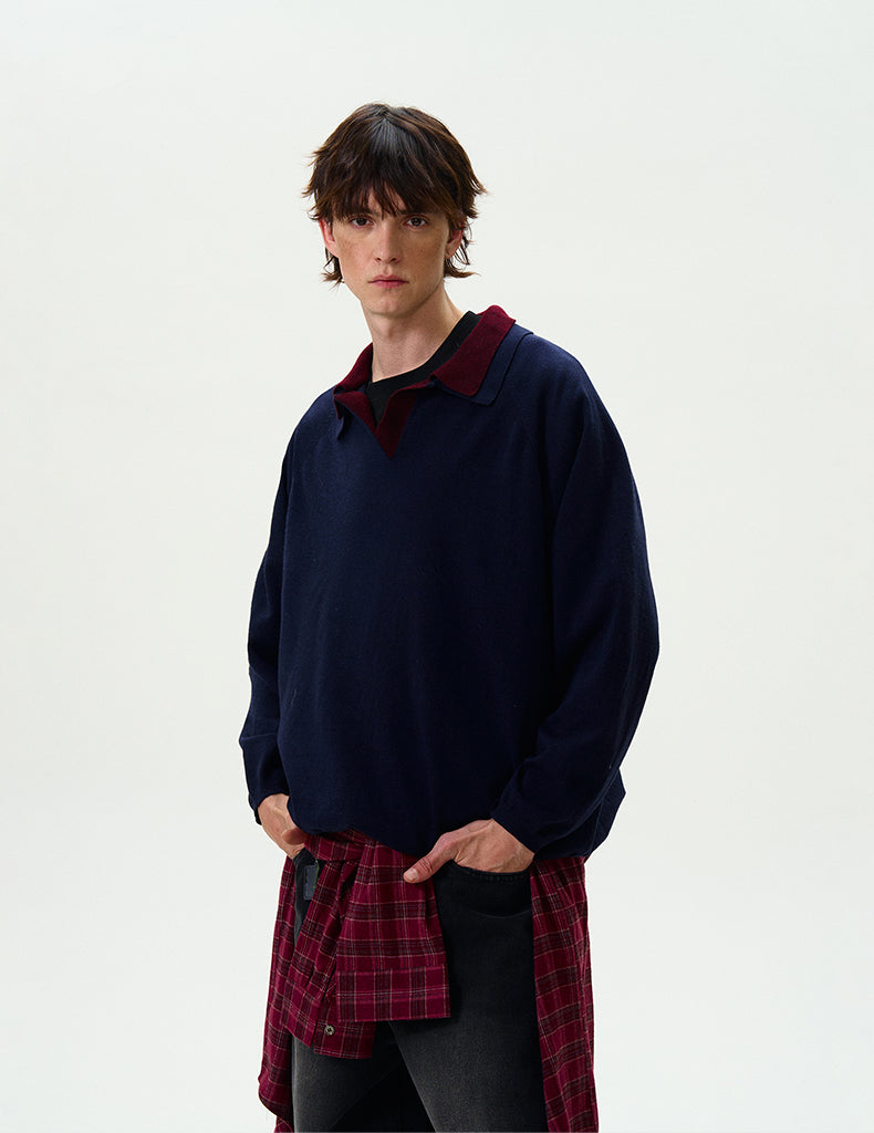 MADWITCH DOUBLE-LAYER CONTRAST KNIT SWEATER #L535