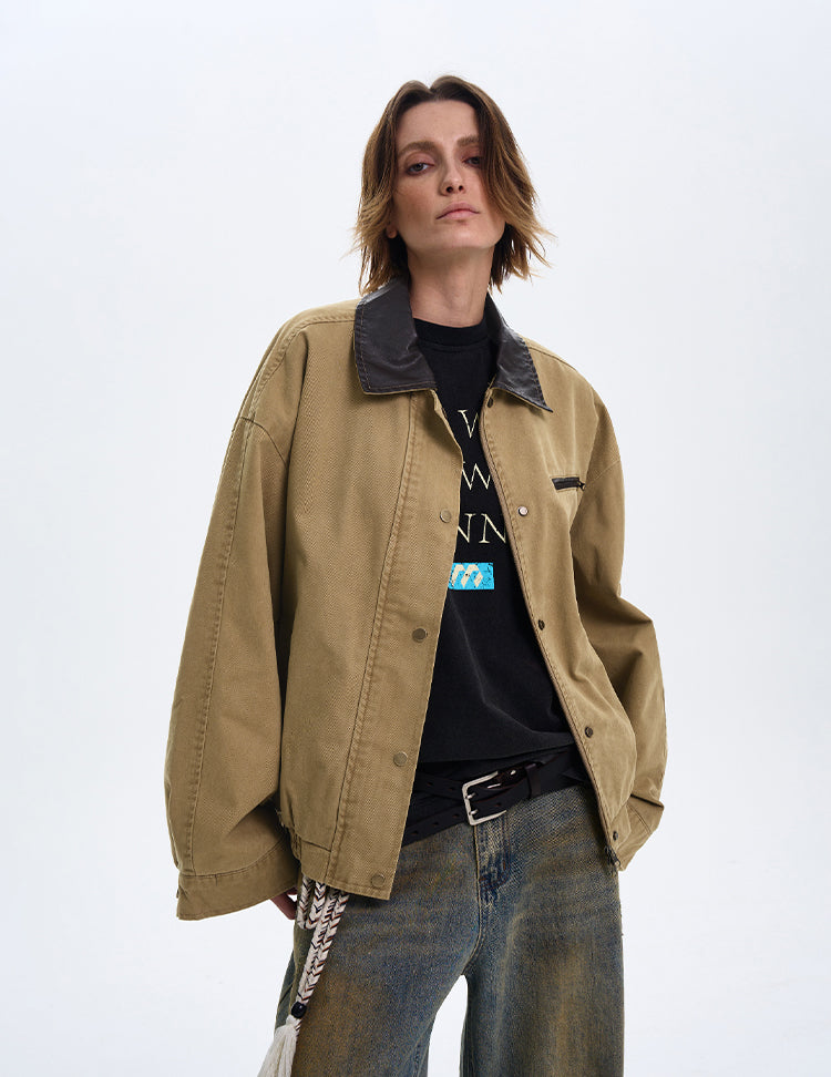 MADWITCH COLOR-BLOCK LEATHER COLLAR JACKET #W219