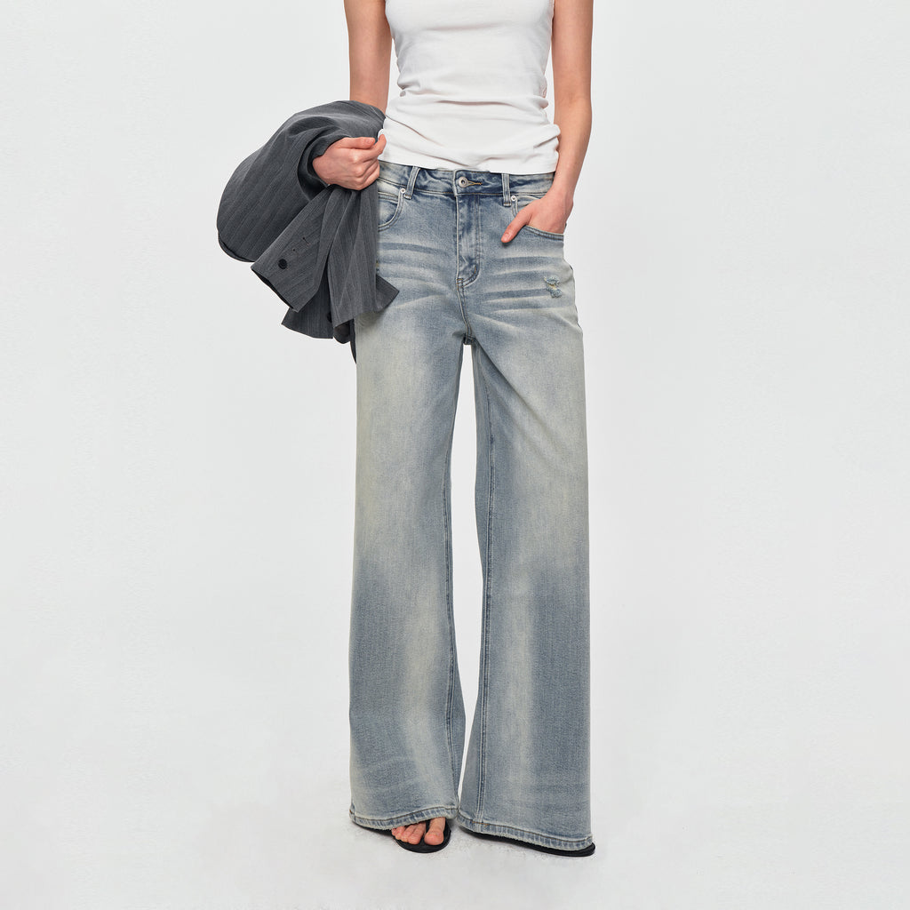 MADWITCH VINTAGE WASHED DISTRESSED WIDE-LEG JEANS #BKJ7601