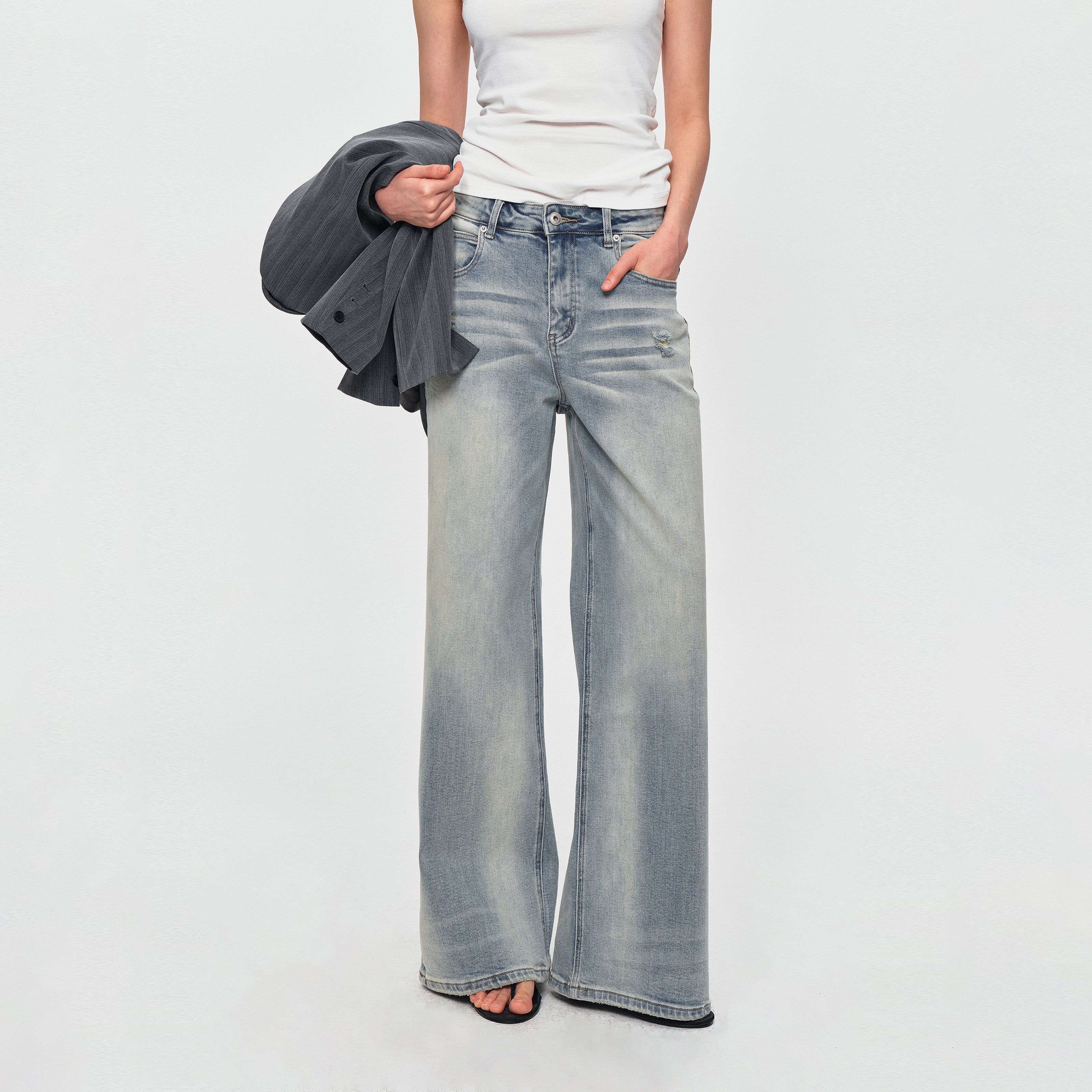 MADWITCH VINTAGE WASHED DISTRESSED WIDE-LEG JEANS #BKJ7601