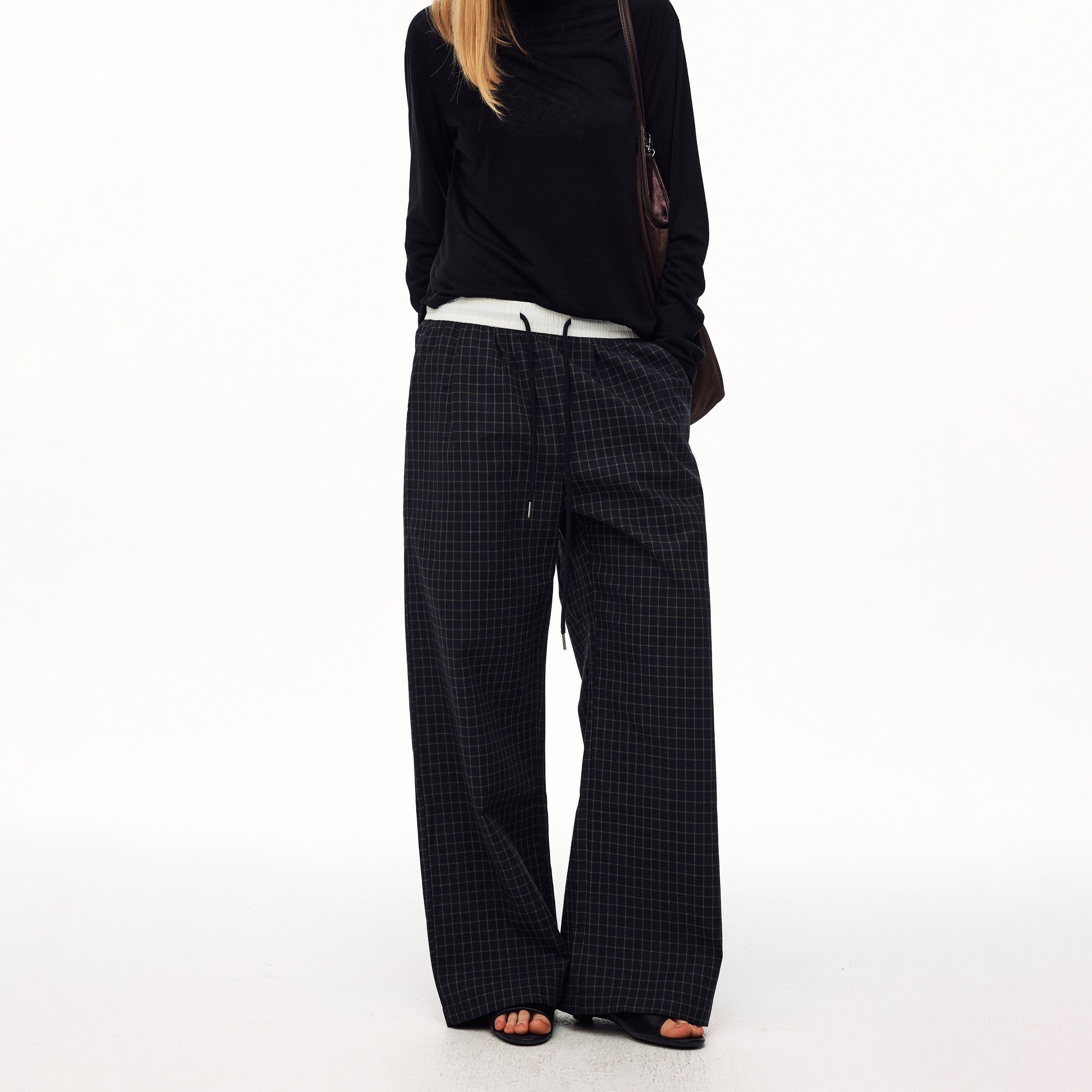 MADWITCH VINTAGE PLAID DRAWSTRING WIDE-LEG PANTS #CK61051