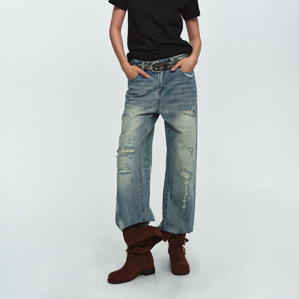 MADWITCH DISTRESSED WASHED WIDE-LEG JEANS #G60064