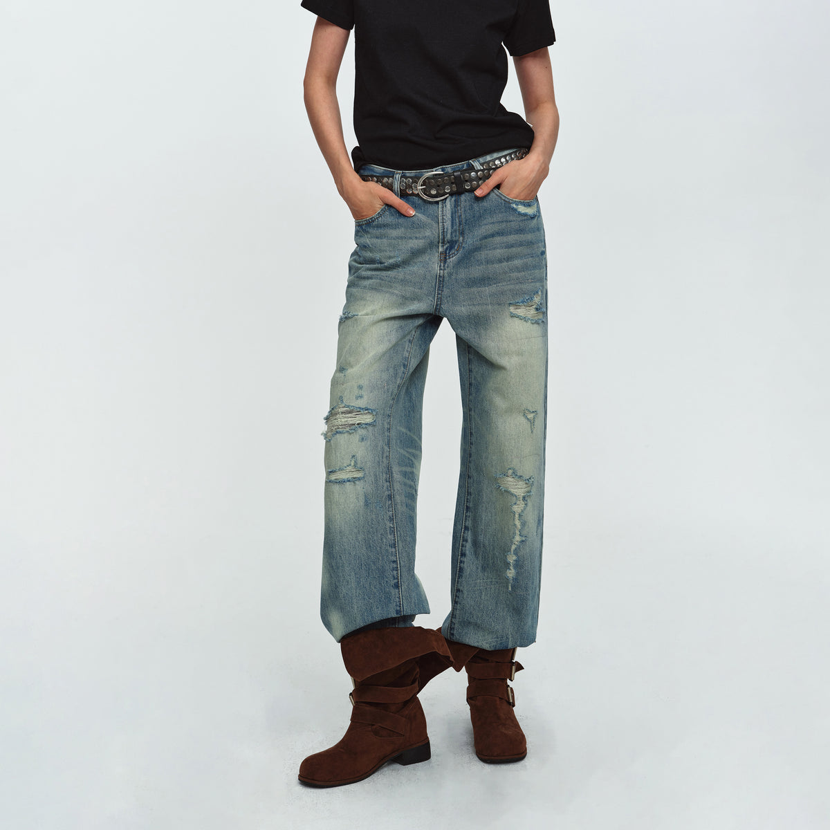 MADWITCH DISTRESSED WASHED WIDE-LEG JEANS #G60064
