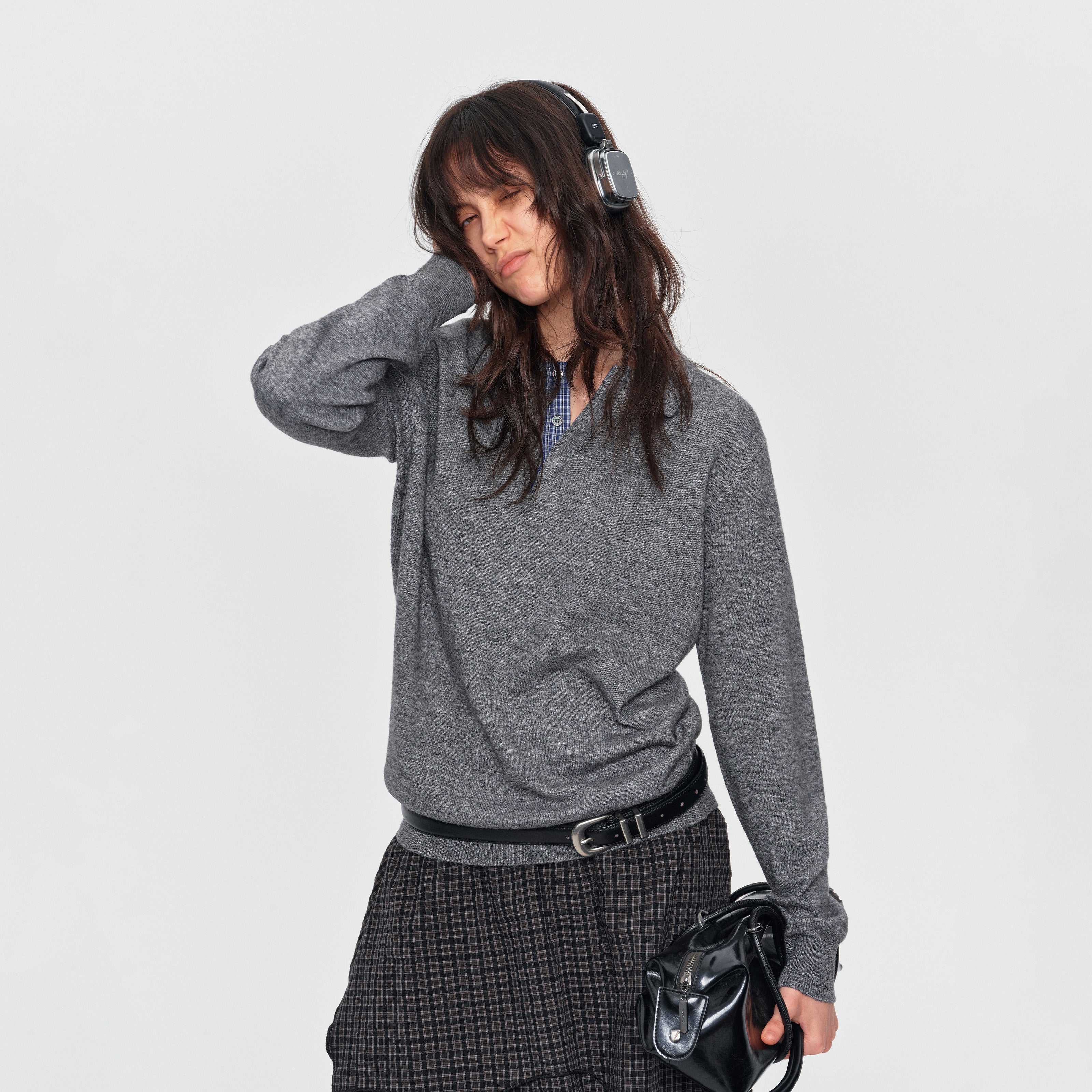 MADWITCH CONTRAST-COLLAR PLAID WOOL-BLEND CARDIGAN #11889