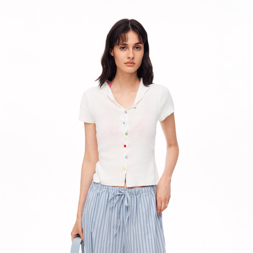 MADWITCH SCALLOPED PLACKET FLORAL BUTTON KNIT TEE #TX458