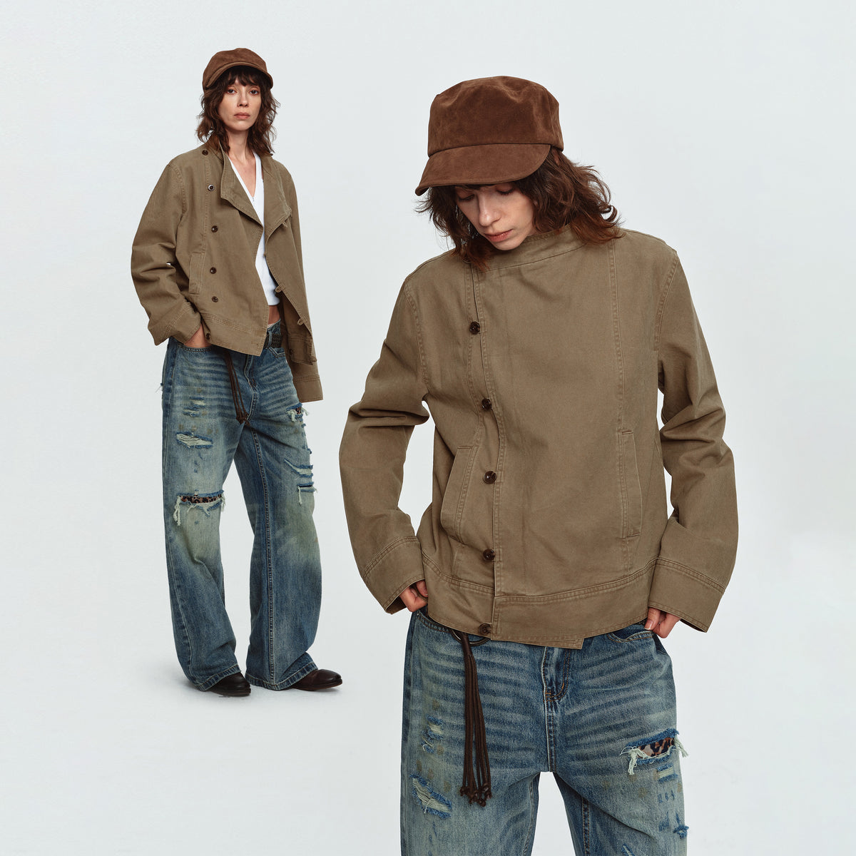 MADWITCH ASYMMETRIC WASHED STAND-COLLAR JACKET #N610