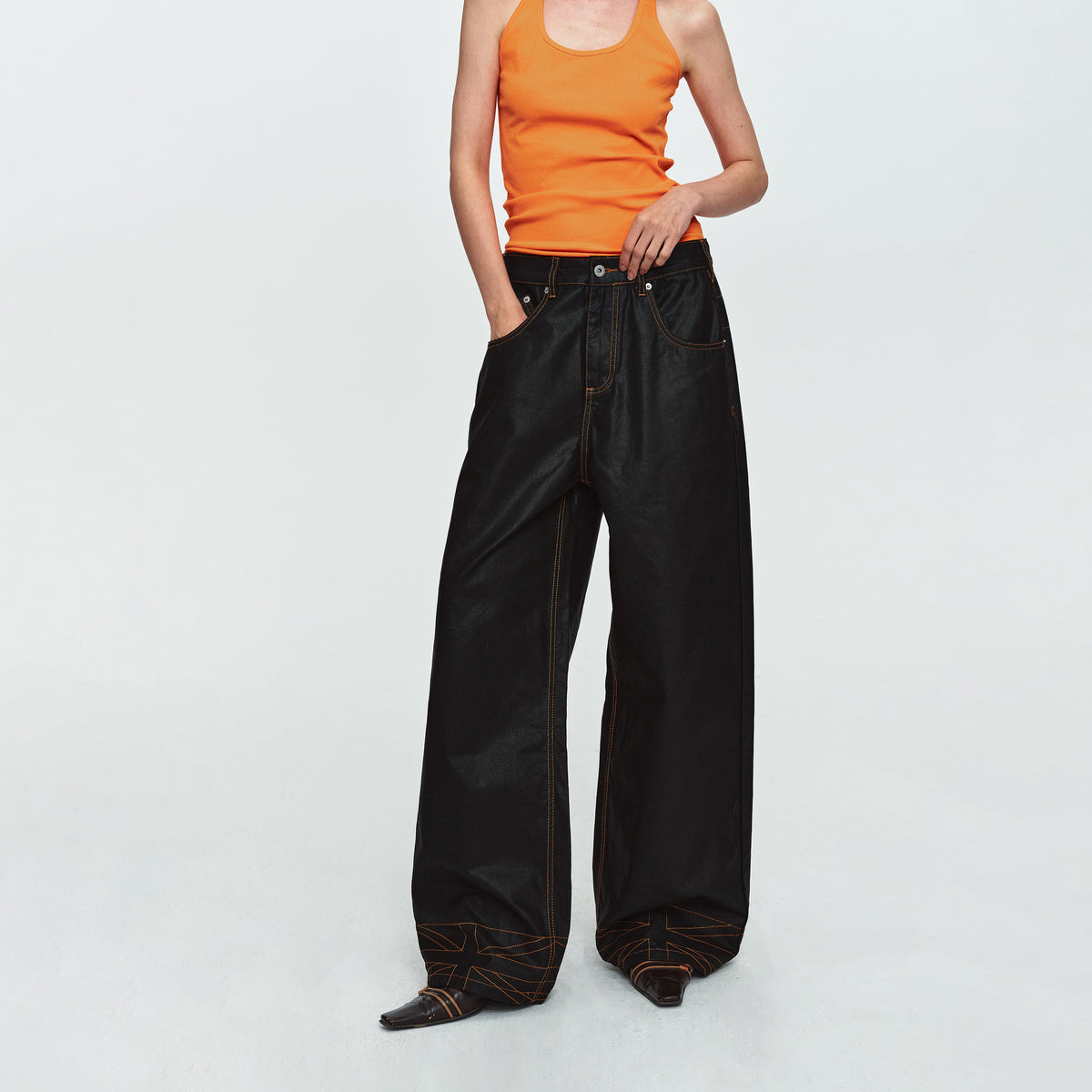 MADWITCH CONTRAST-STITCH WAXED-BLACK WIDE-LEG JEANS #GPC3659