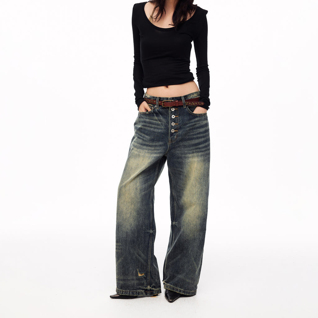 MADWITCH BUTTON-FLY DISTRESSED WIDE-LEG JEANS #DR8218