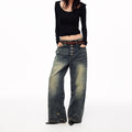 MADWITCH BUTTON-FLY DISTRESSED WIDE-LEG JEANS #DR8218