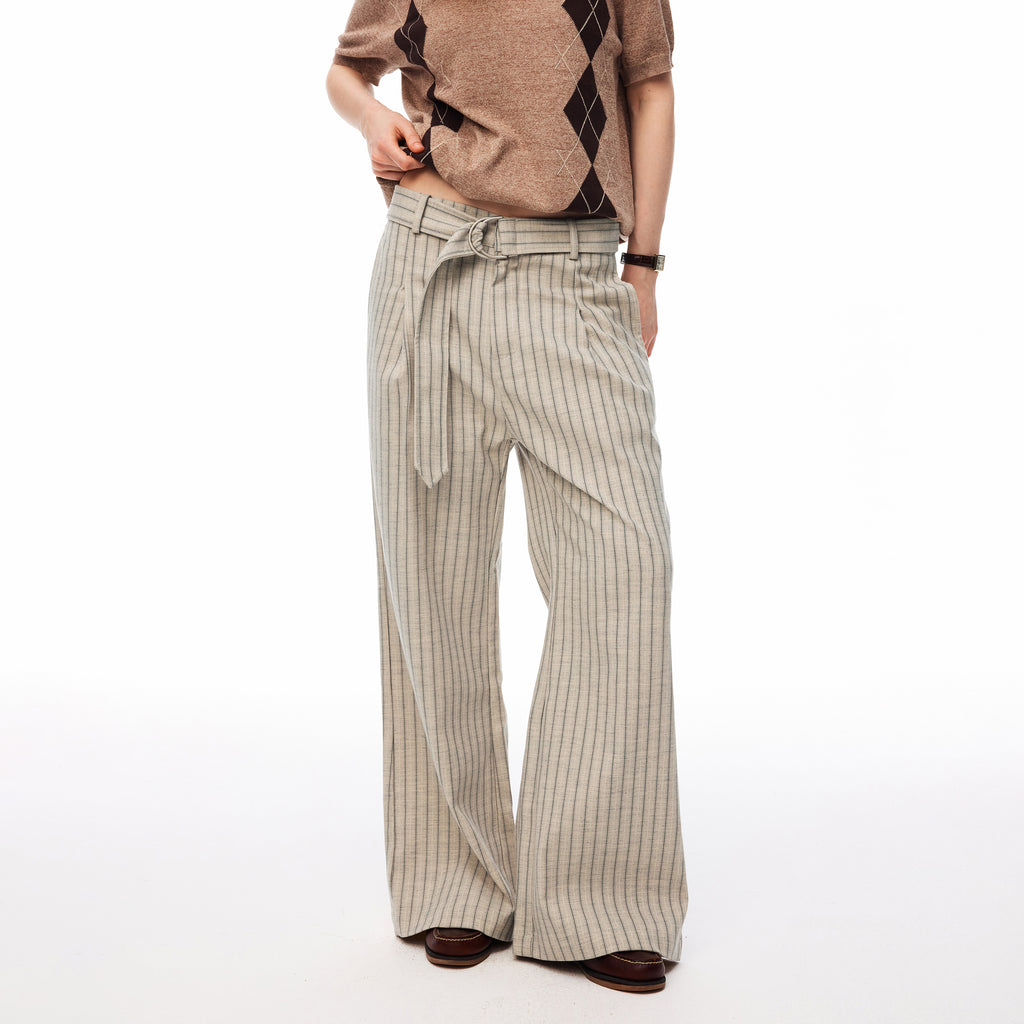 MADWITCH VINTAGE STRIPED BELTED WIDE-LEG TROUSERS #AW26170