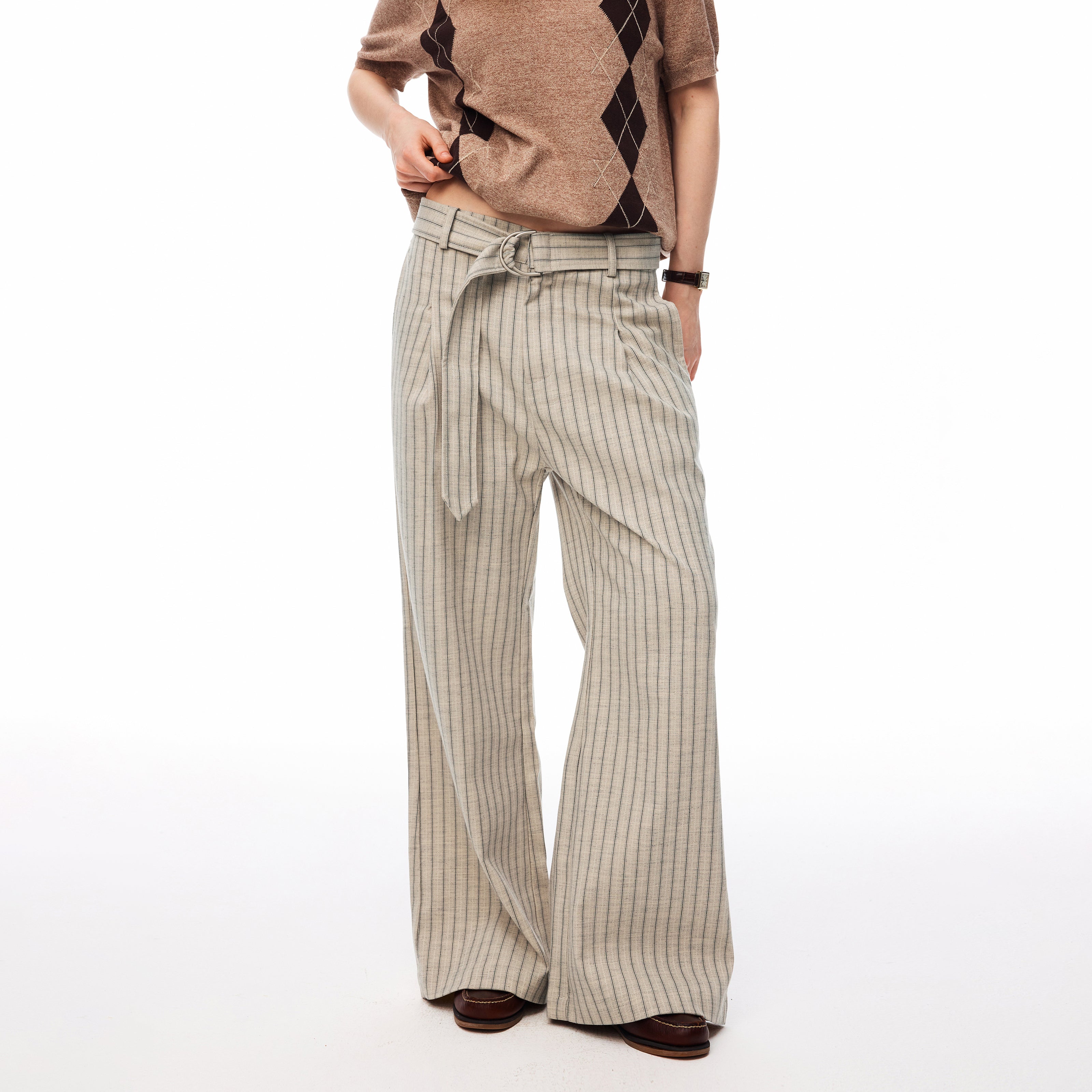 MADWITCH VINTAGE STRIPED BELTED WIDE-LEG TROUSERS #AW26170