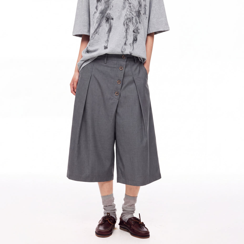MADWITCH ASYMMETRIC BUTTONED WIDE-LEG CAPRI PANTS #C1012