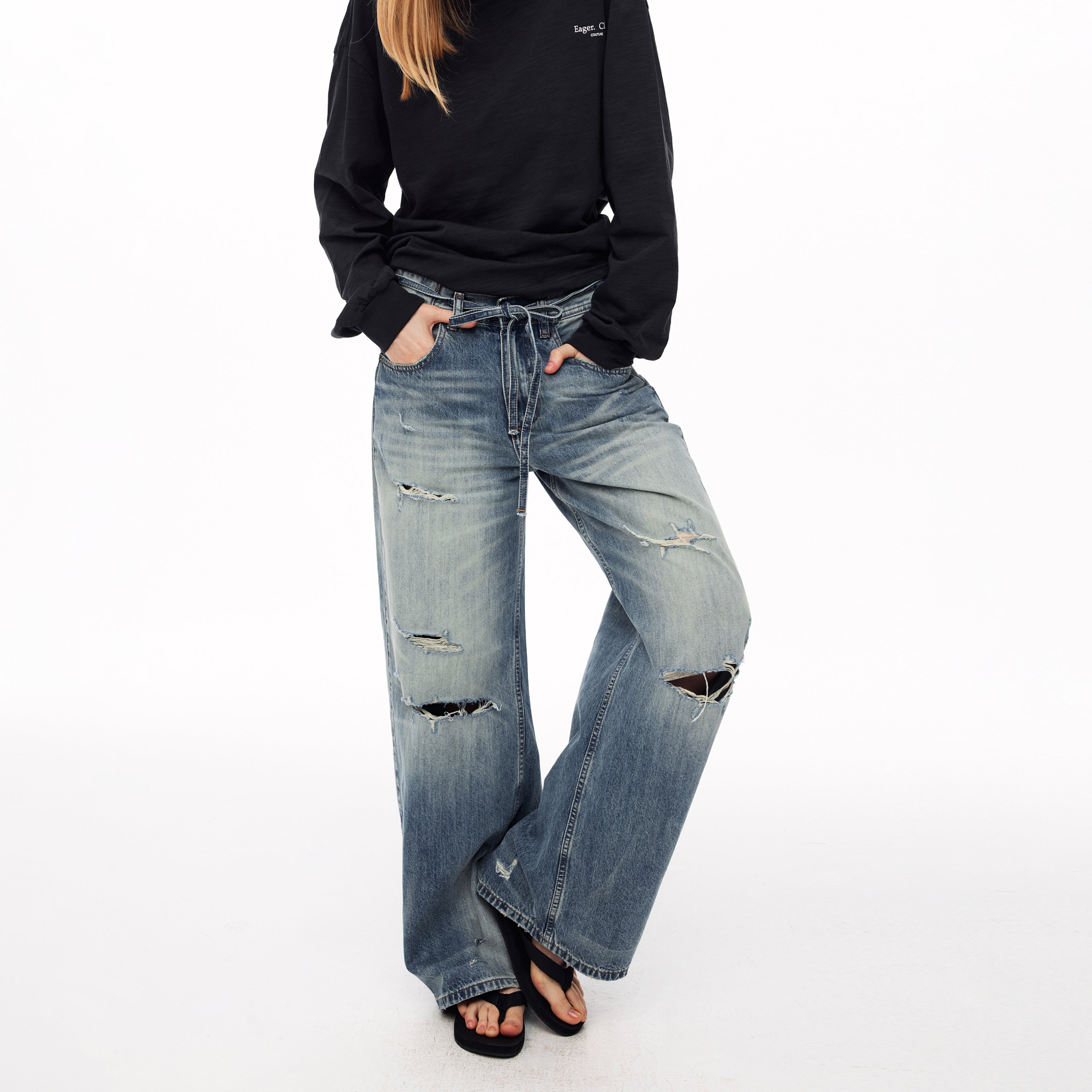 MADWITCH BELTED DISTRESSED CURVED JEANS #CK9836