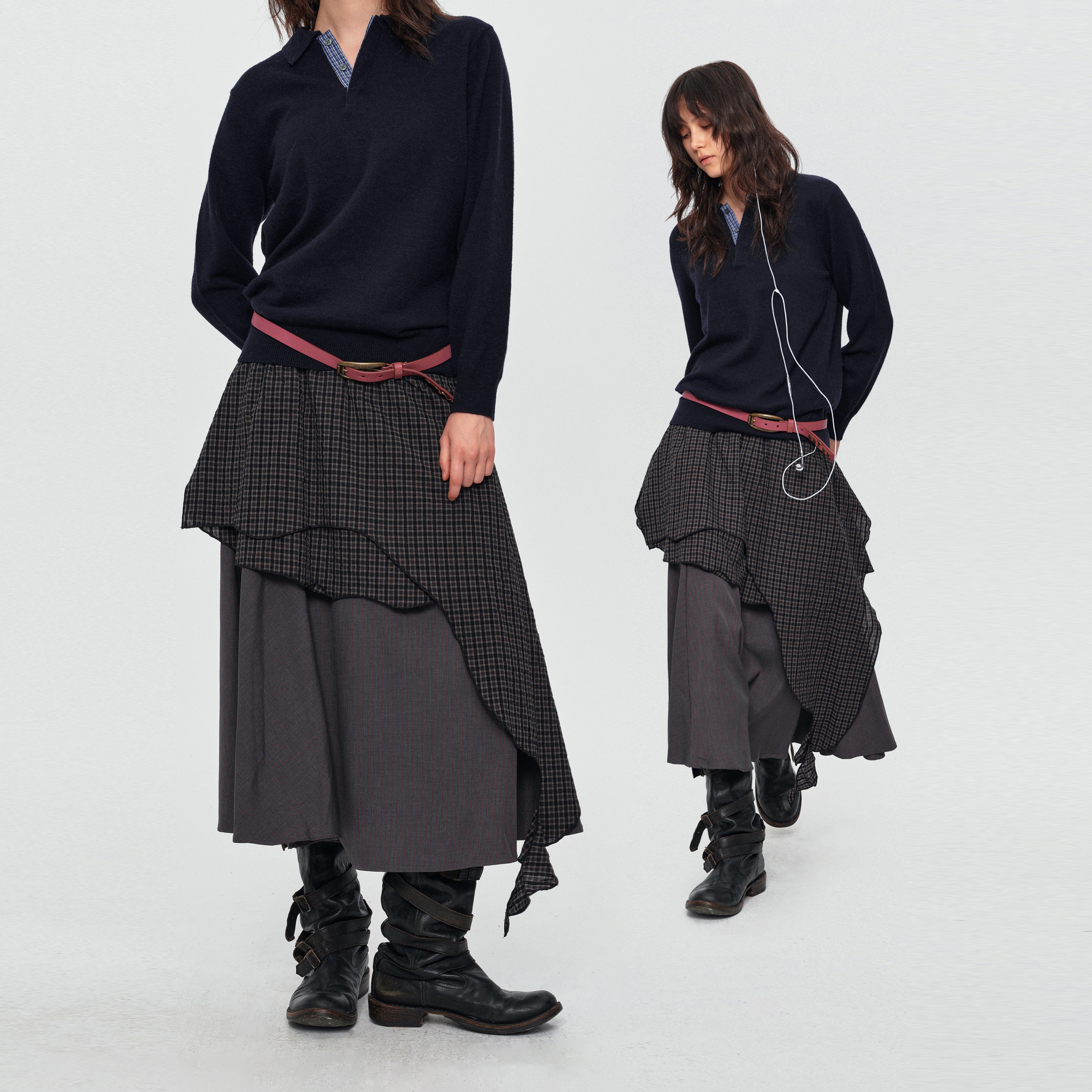 MADWITCH ASYMMETRIC LAYERED PLAID FLARE MIDI SKIRT #K102