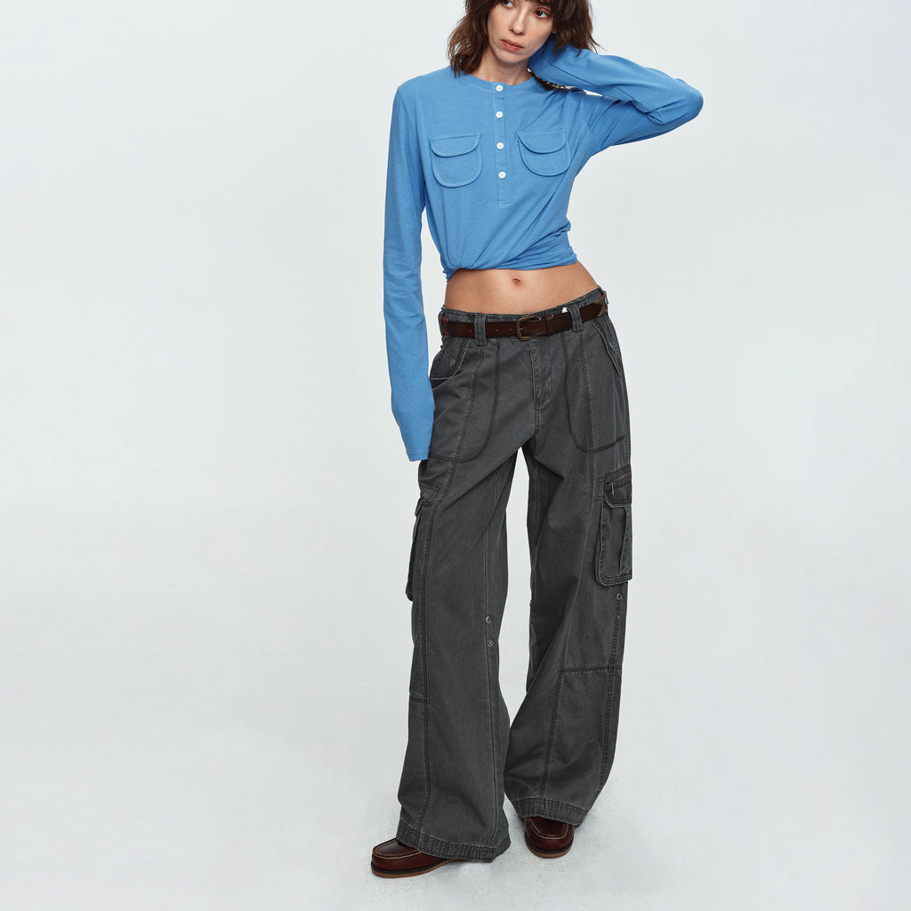 MADWITCH WASHED CONTRAST-STITCH WIDE-LEG CARGO PANTS #GPC61110N