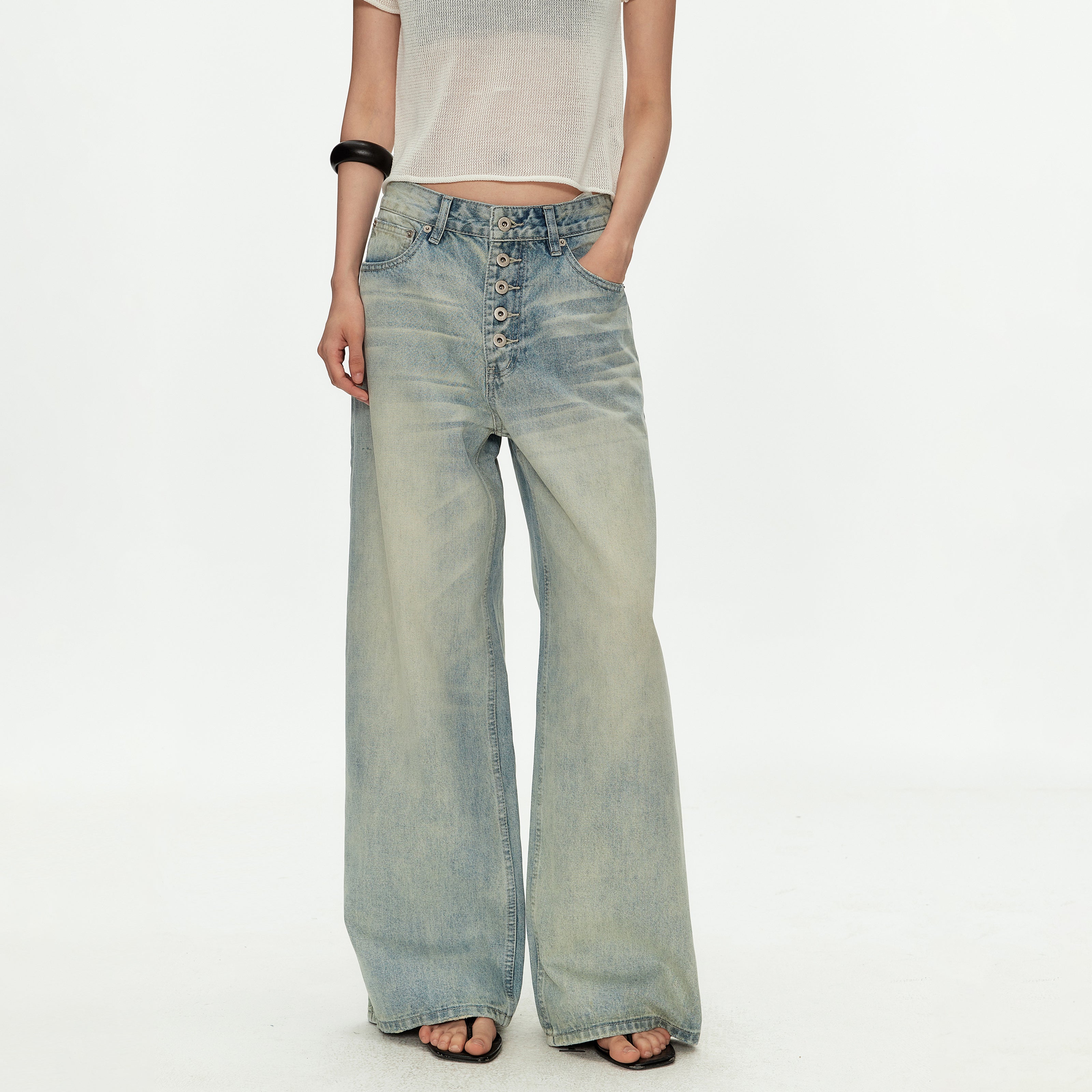 MADWITCH VINTAGE CURVED BUTTON WIDE JEANS #G60041