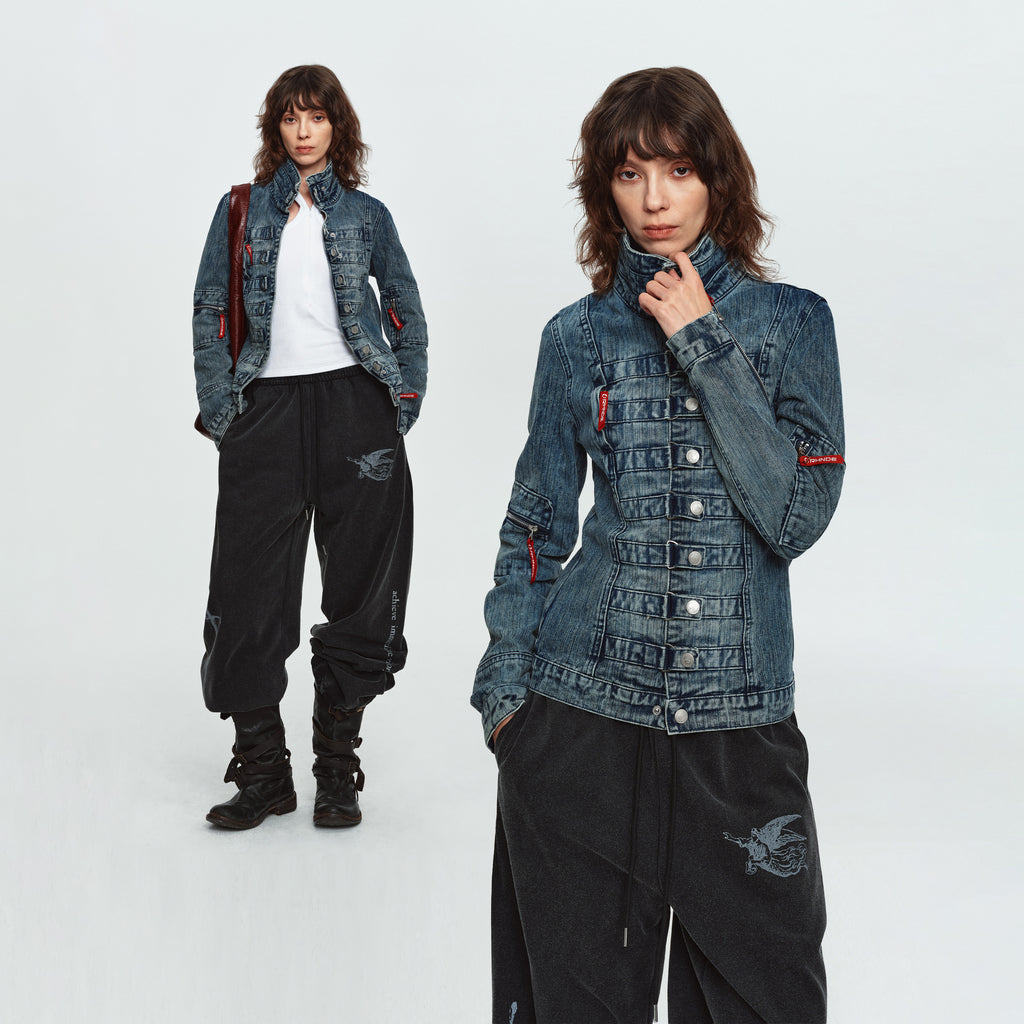 MADWITCH NAPOLEON-BUTTON WASHED CROPPED DENIM JACKET #2026126