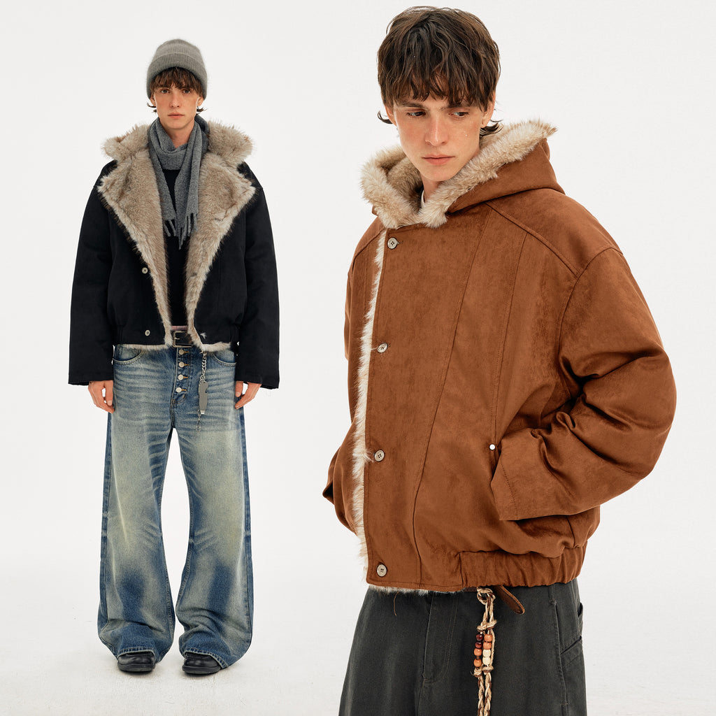 MADWITCH SUEDE HOODED QUILTED FUR JACKET #AW25505