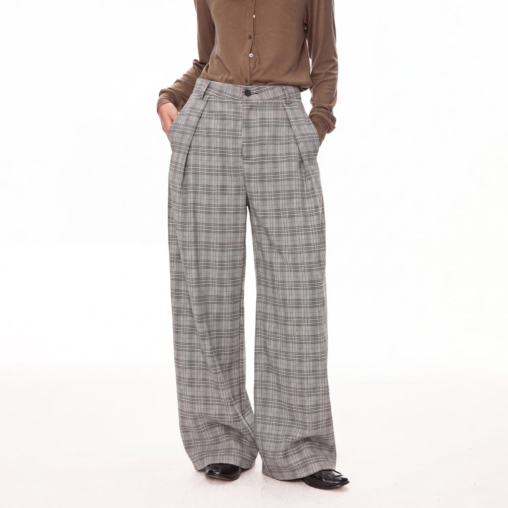 MADWITCH VINTAGE PLAID PLEATED WIDE-LEG TROUSERS #N2198