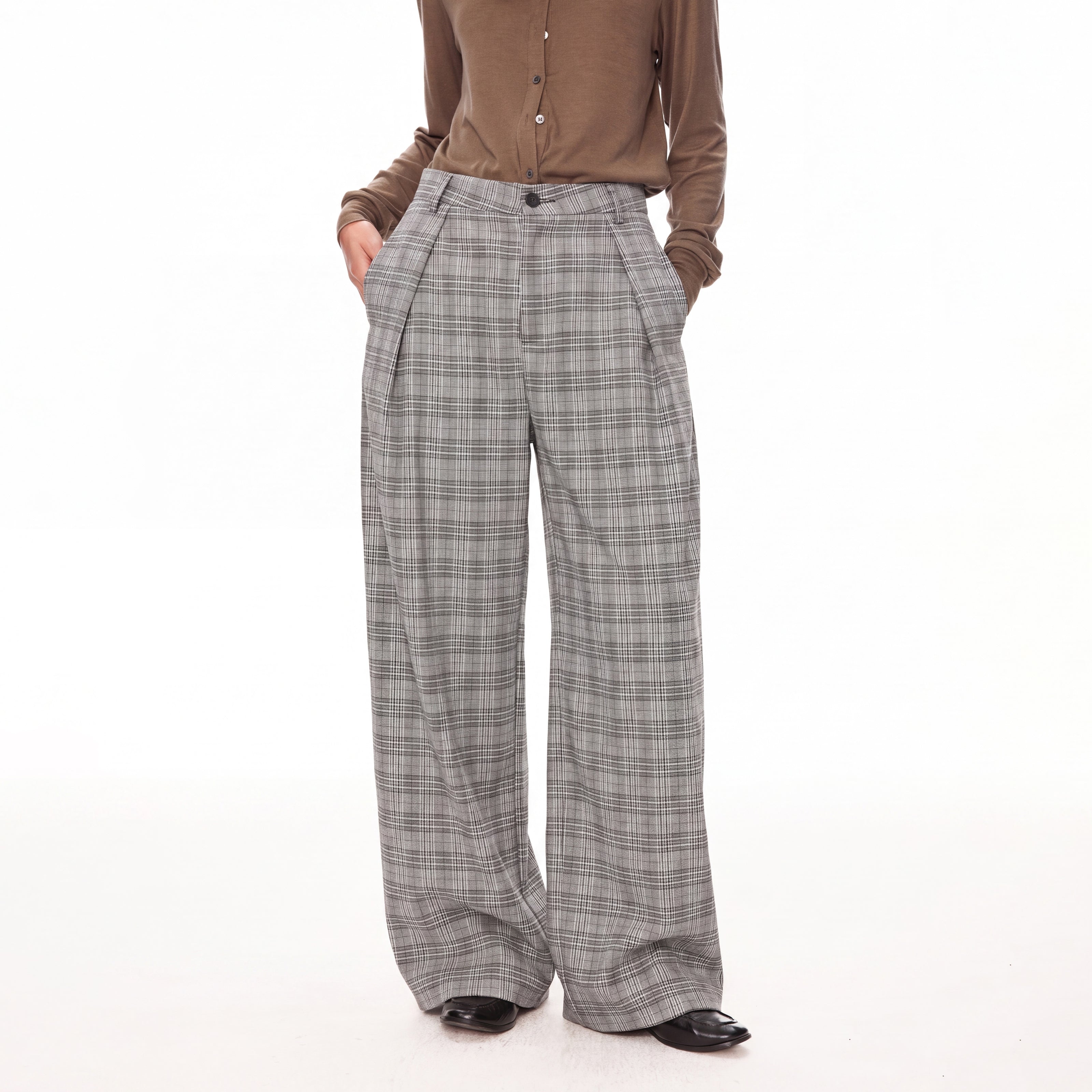 MADWITCH VINTAGE PLAID PLEATED WIDE-LEG TROUSERS #N2198