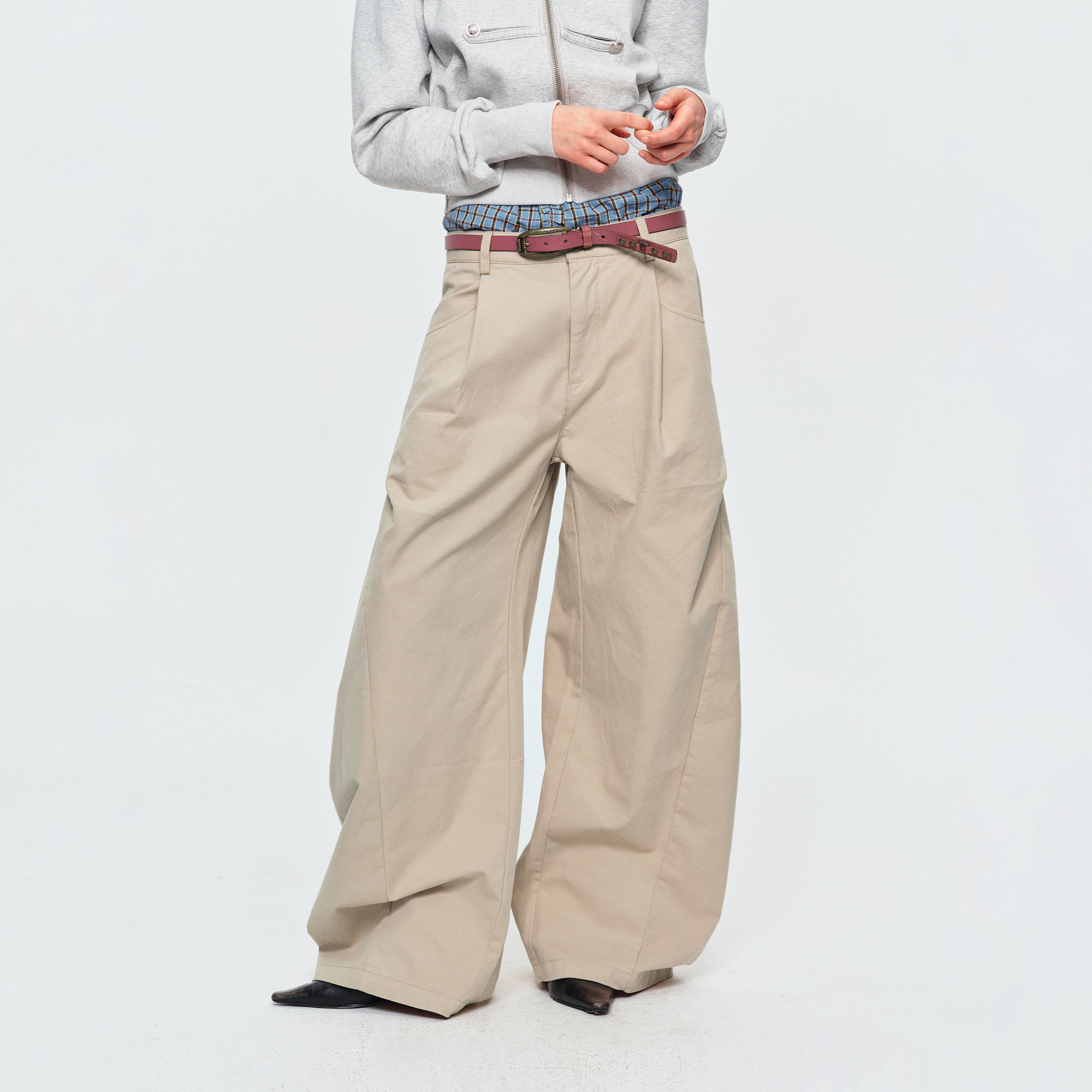 MADWITCH DOUBLE-PLEATED CURVED WIDE-LEG PANTS #A638