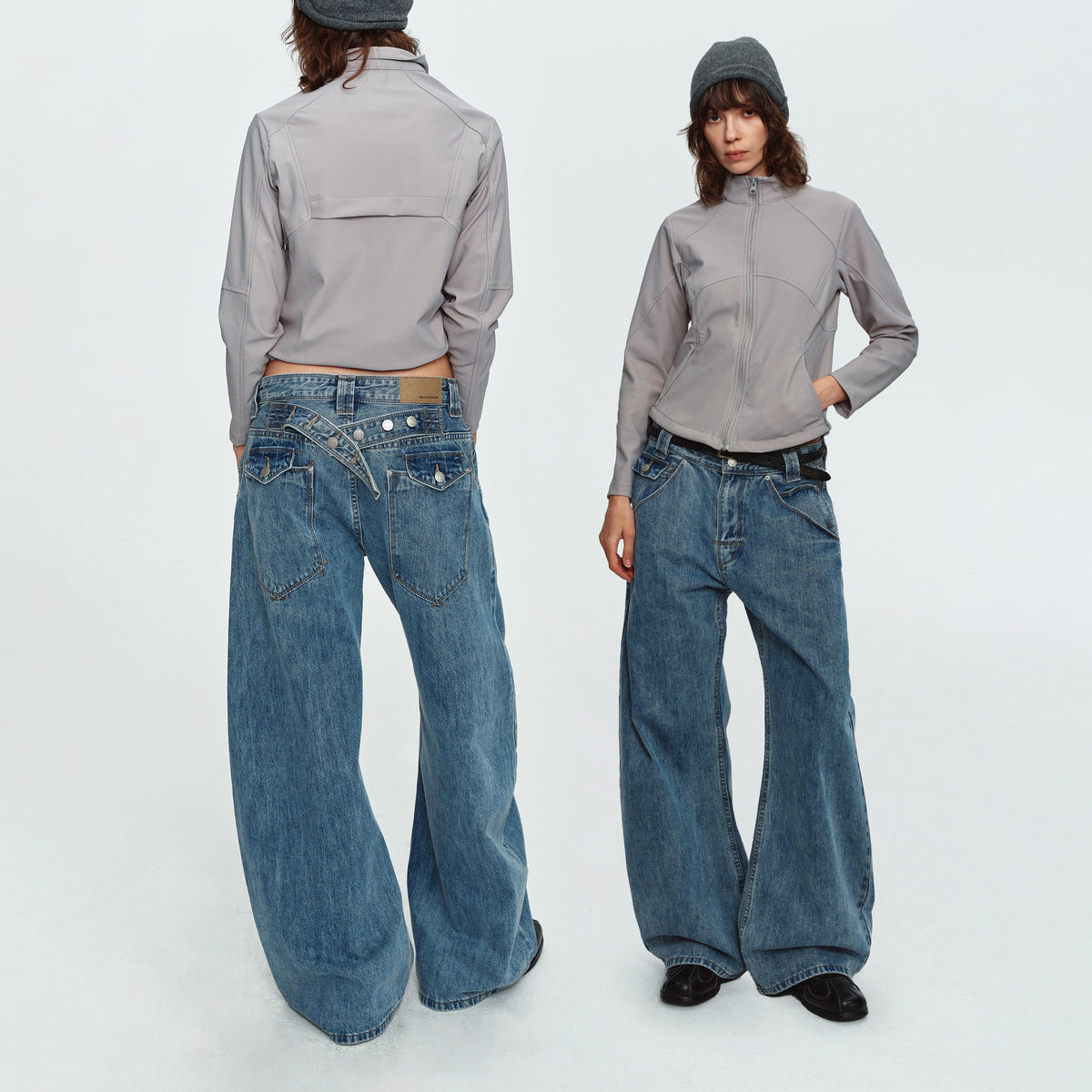MADWITCH CINCH-BACK LIGHT-WASH CURVED-LEG JEANS #G60081