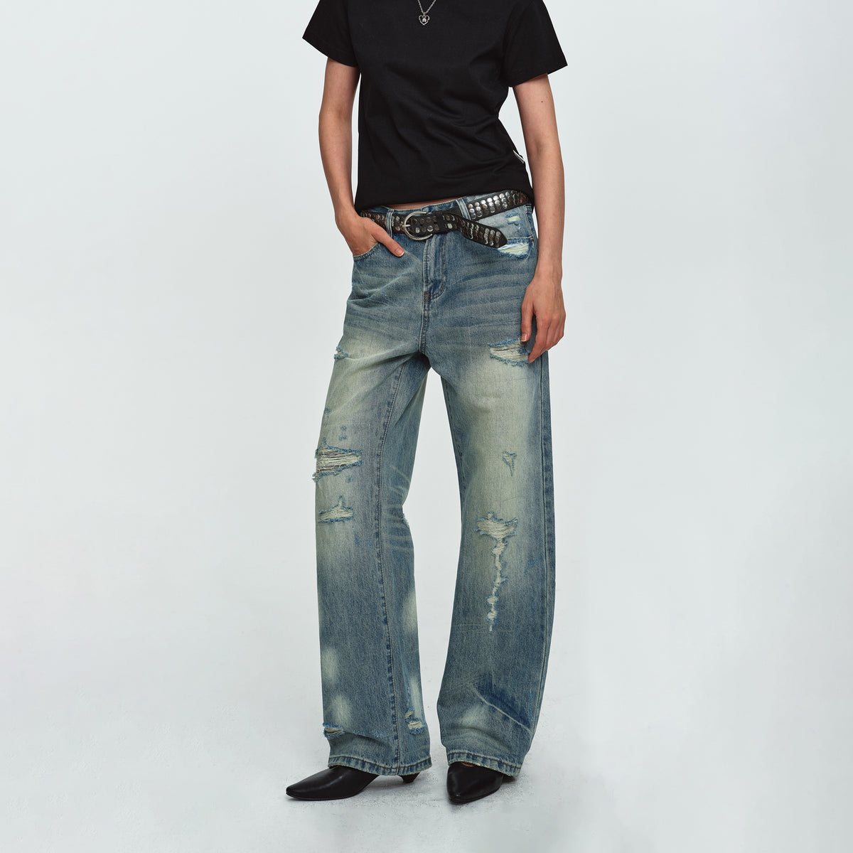 MADWITCH DISTRESSED WASHED WIDE-LEG JEANS #G60064