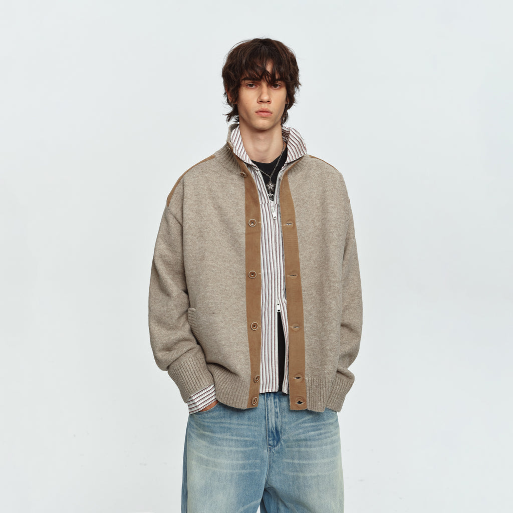 MADWITCH FAUX-SUEDE PANEL STAND-COLLAR KNIT CARDIGAN #991523