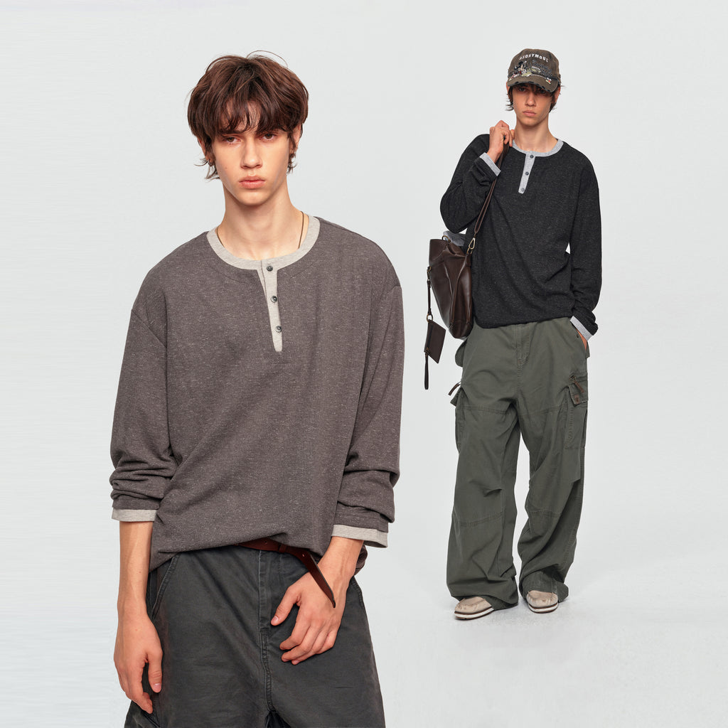 MADWITCH CONTRAST-RIB MARLED HENLEY SHIRT #880938