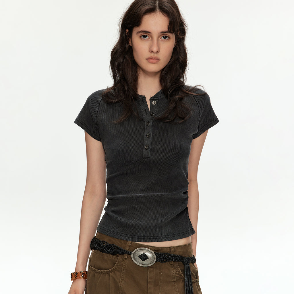 MADWITCH RIBBED HENLEY CROP TEE #G2160