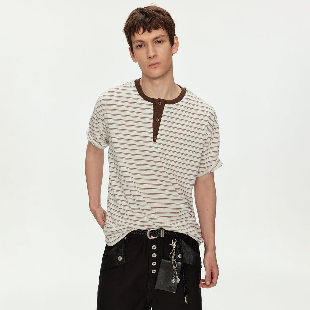 MADWITCH LINEN HENLEY STRIPE TEE #991382